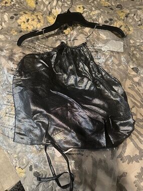 Savage X Fenty Metallic Black Satin Halter Crop Top